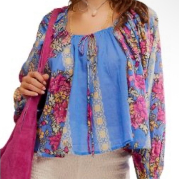 Free People Tops - Free People Women’s Elena Floral Flowy Cotton Blue Pink Yellow Blouse NEW  M